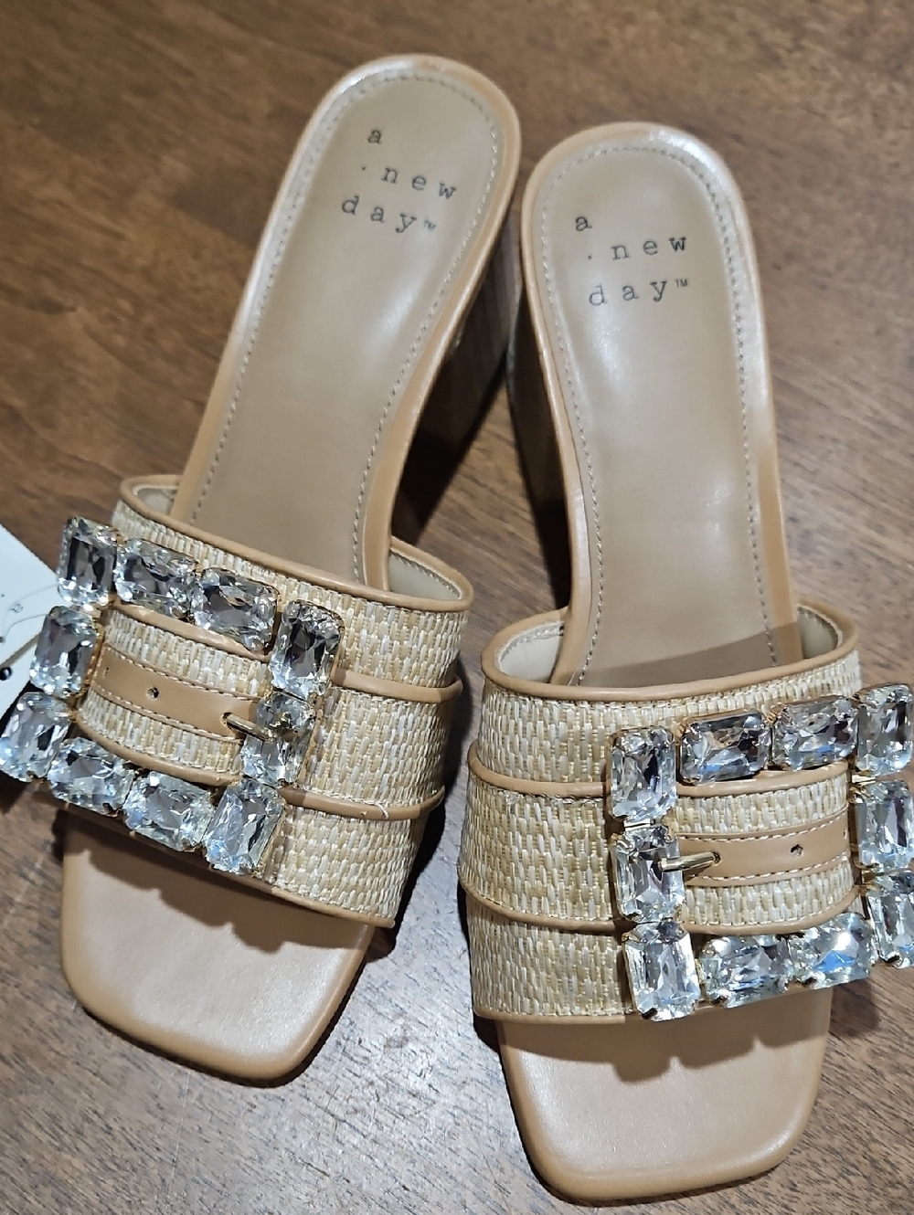 a new day Nude Raffia Slide Mules with Crystal Buckle